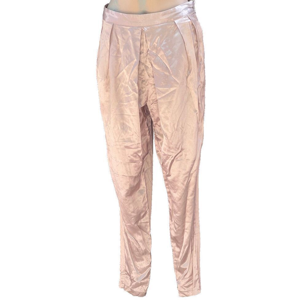Rehab Beige Satin Silky Pleated Front Ankle Zip High Waisted Pants Size M
